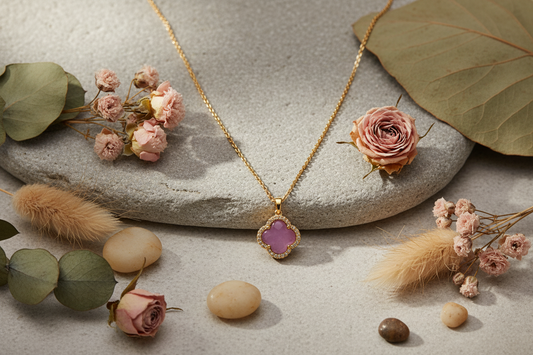 Pastel pink clover Diamond studded necklace