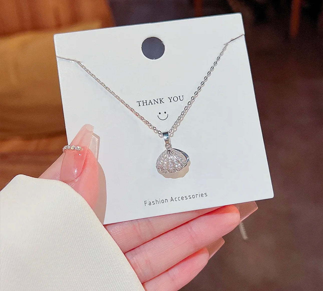 Rhinestone Silver Shell Necklace kohi shop