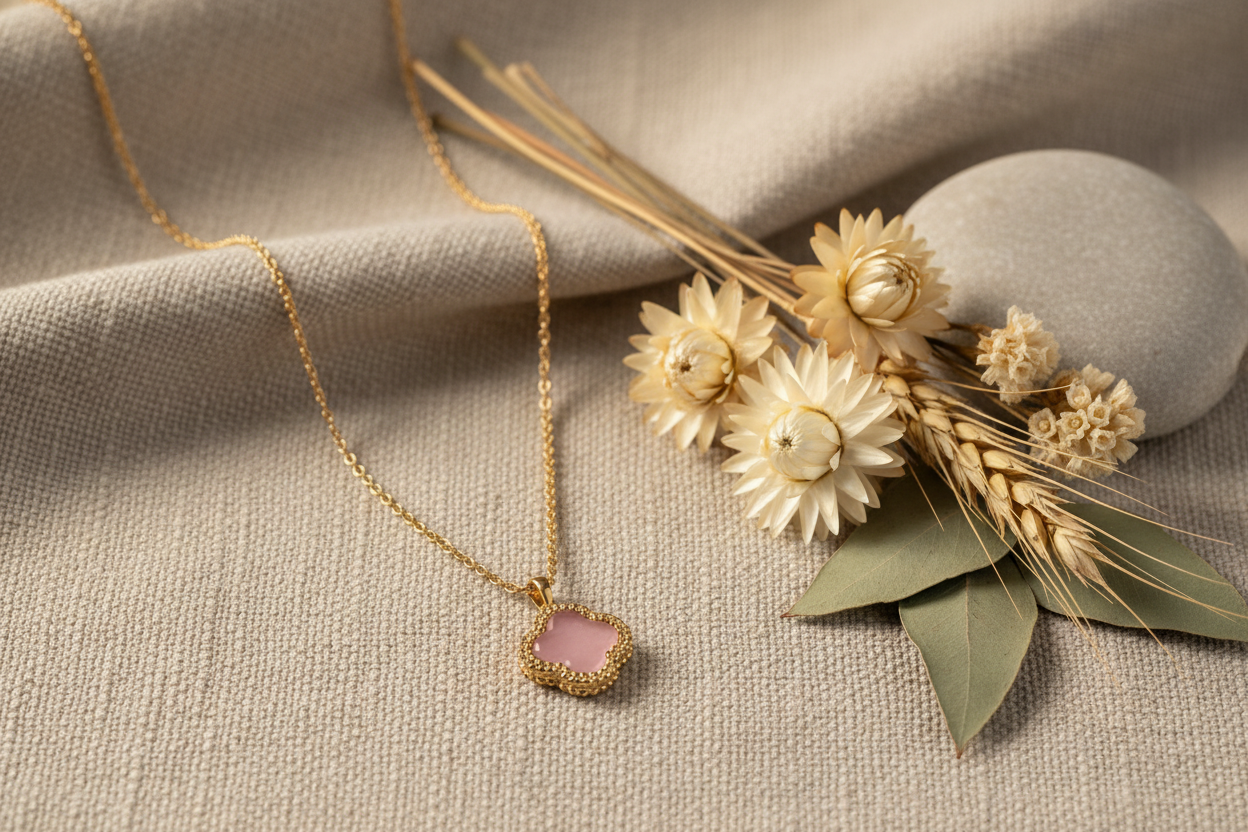 Pastel pink clover Diamond studded necklace