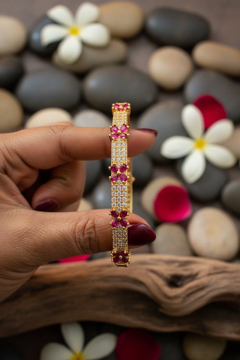 American Diamond Ruby Flower Bangle-⭐ 1-Year Warranty
