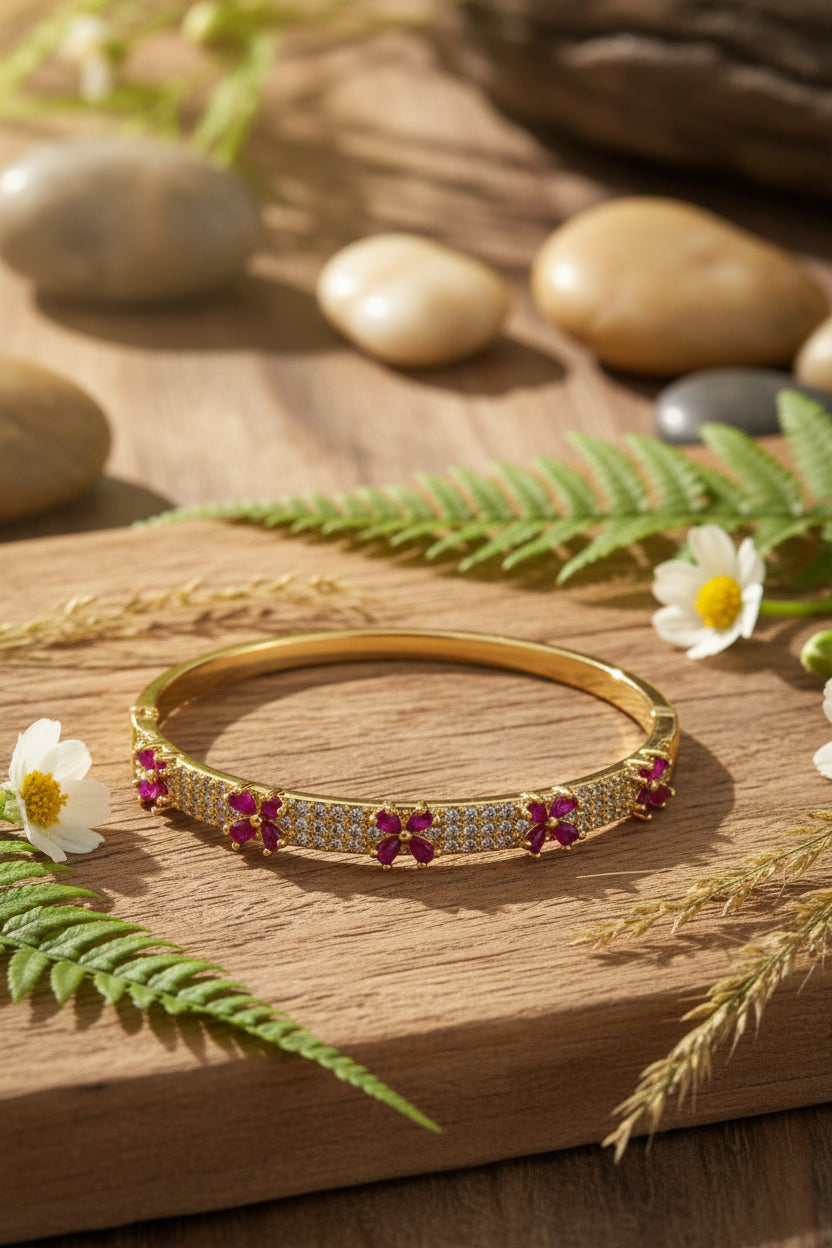 American Diamond Ruby Flower Bangle-⭐ 1-Year Warranty